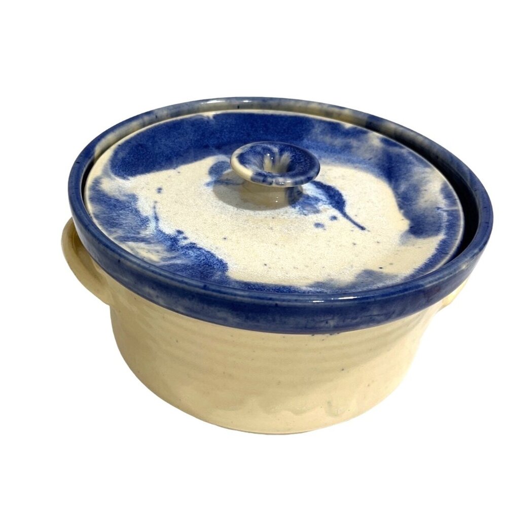 Handmade Ceramic Blue & Cream Stoneware Casserole Dish With Lid 8" Diameter - Picture 5 of 10